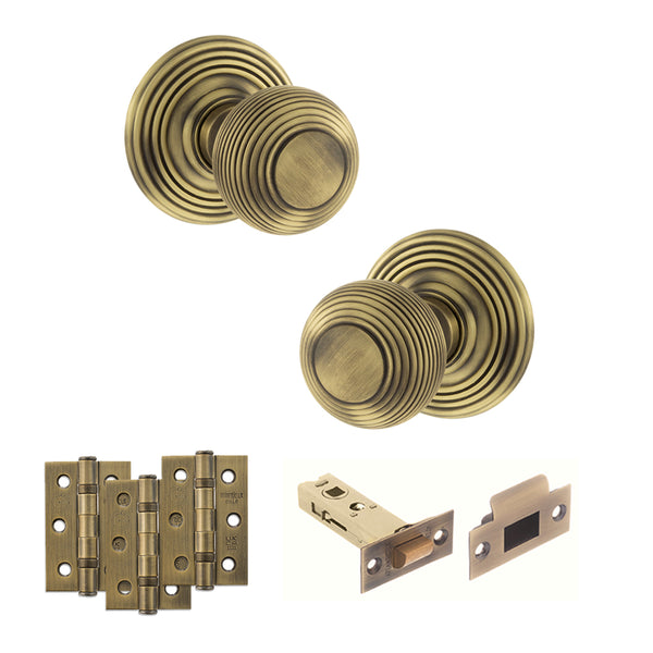 Old English Ripon Door Knob Pack (Latch Set - 4" HD Latch, 3" Fire Rated Hinges x3) by Atlantic Hardware