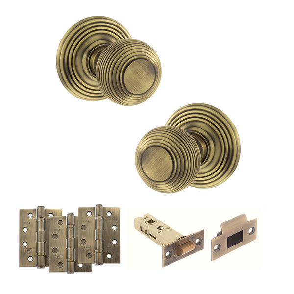 Old English Ripon Door Knob Pack (Latch Set - 3" HD Latch, 4" Fire Rated Hinges x3) by Atlantic Hardware