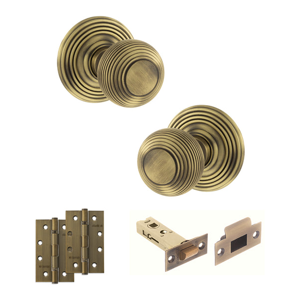 Old English Ripon Door Knob Pack (Latch Set - 4" HD Latch, 4" Slim Knuckle Hinges x2) by Atlantic Hardware