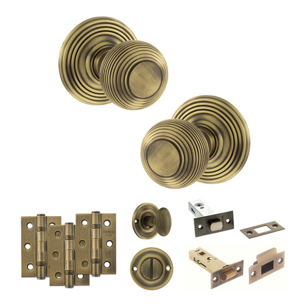 Old English Ripon Door Knob Pack (Bathroom Set - 3" Deadbolt, 3" Fire Rated Hinges x3) by Atlantic Hardware