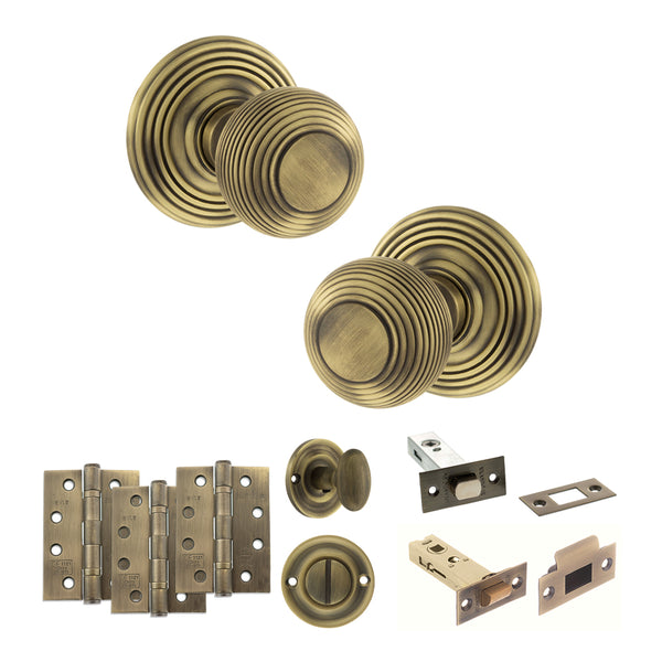 Old English Ripon Door Knob Pack (Bathroom Set - 4" Deadbolt, 4" Fire Rated Hinges x3) by Atlantic Hardware