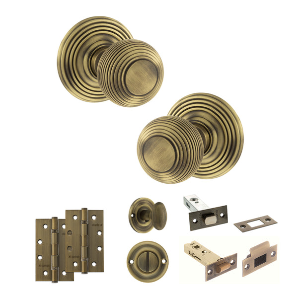 Old English Ripon Door Knob Pack (Bathroom Set - 4" Deadbolt, 4" Slim Knuckle Hinges x2) by Atlantic Hardware