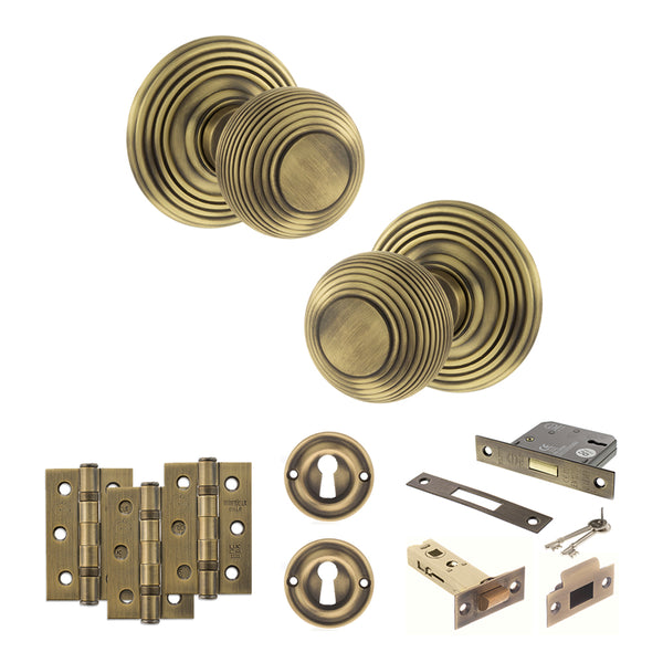 Old English Ripon Door Knob Pack (Lock Set - 3" Latch & Deadlock, 3" Fire Rated Hinges x3) by Atlantic Hardware