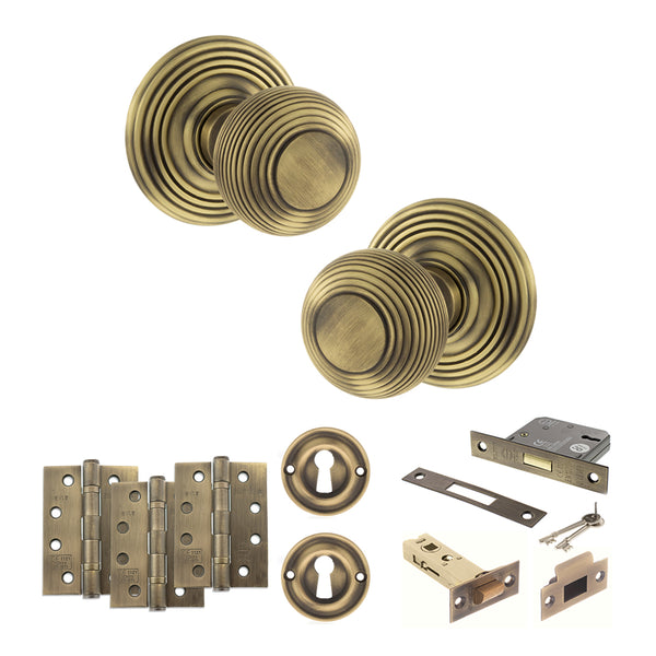 Old English Ripon Door Knob Pack (Lock Set - 3" Latch & Deadlock, 4" Fire Rated Hinges x3) by Atlantic Hardware