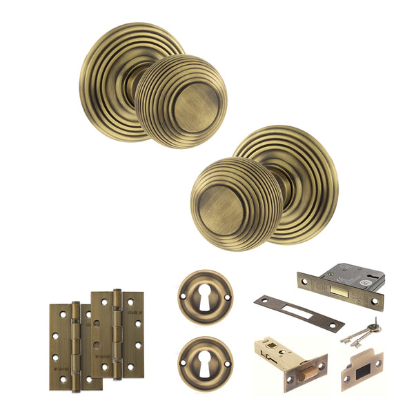 Old English Ripon Door Knob Pack (Lock Set - 3" Latch & Deadlock, 4" Slim Knuckle Hinges x2) by Atlantic Hardware