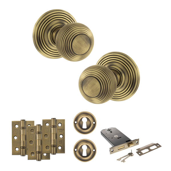 Old English Ripon Door Knob Pack (Lock Set - Horizontal Sashlock, 3" Fire Rated Hinges x3) by Atlantic Hardware