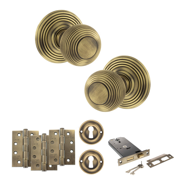 Old English Ripon Door Knob Pack (Lock Set - Horizontal Sashlock, 4" Fire Rated Hinges x3) by Atlantic Hardware
