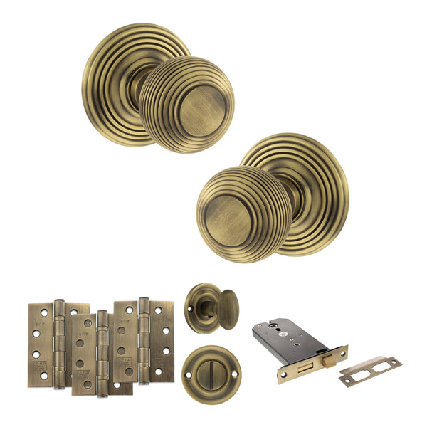Old English Ripon Door Knob Pack (Lock Set - Horizontal Bathlock, 4" Fire Rated Hinges x3) by Atlantic Hardware