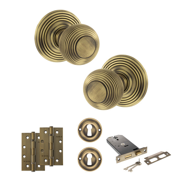 Old English Ripon Door Knob Pack (Lock Set - Horizontal Sashlock, 4" Slim Knuckle Hinges x2) by Atlantic Hardware