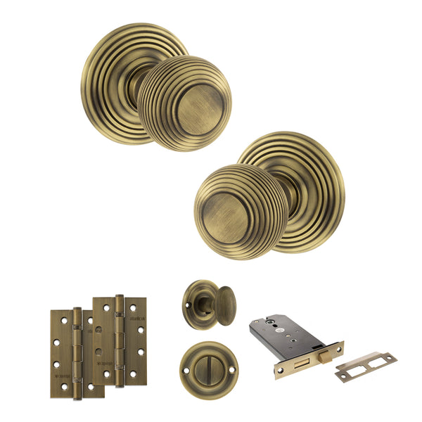 Old English Ripon Door Knob Pack (Lock Set - Horizontal Bathlock, 4" Slim Knuckle Hinges x2) by Atlantic Hardware