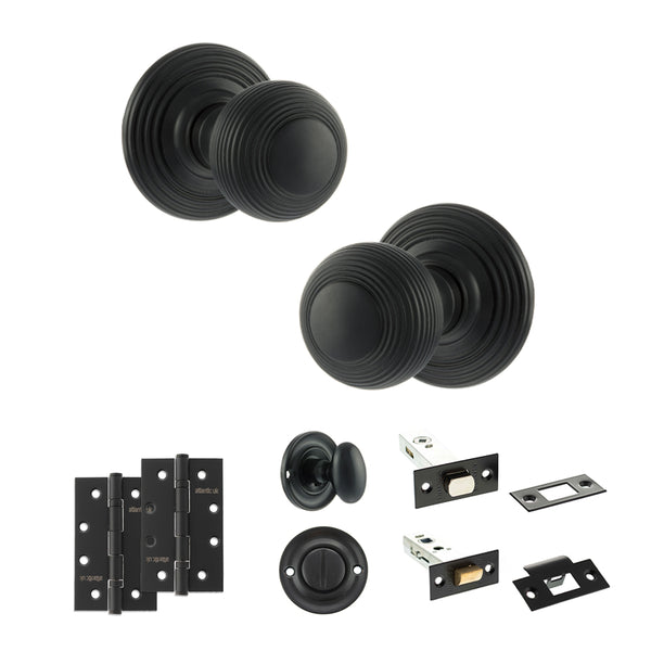 Old English Ripon Door Knob Pack (Bathroom Set - 3" Deadbolt, 4" Slim Knuckle Hinges x2) by Atlantic Hardware