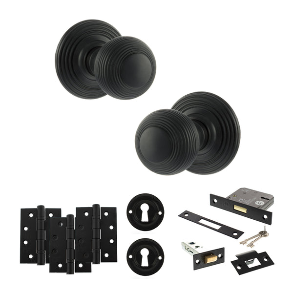 Old English Ripon Door Knob Pack (Lock Set - 3" Latch & Deadlock, 4" Fire Rated Hinges x3) by Atlantic Hardware