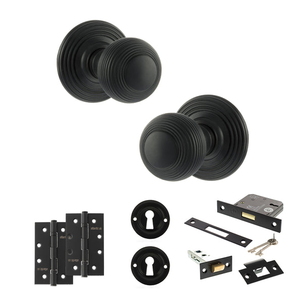 Old English Ripon Door Knob Pack (Lock Set - 3" Latch & Deadlock, 4" Slim Knuckle Hinges x2) by Atlantic Hardware