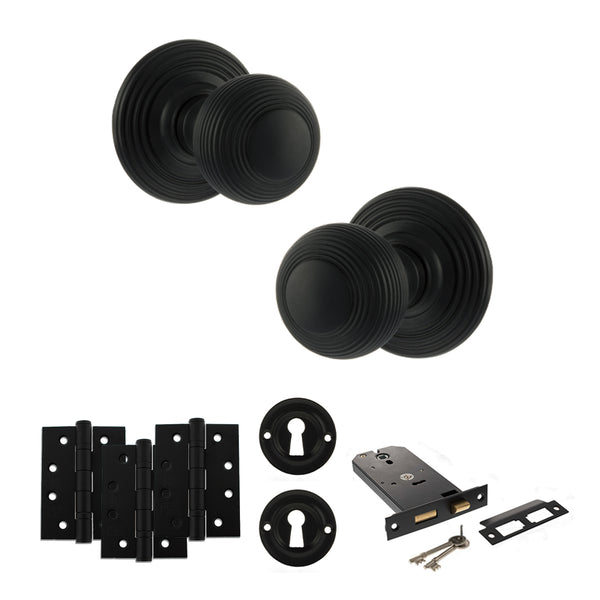 Old English Ripon Door Knob Pack (Lock Set - Horizontal Sashlock, 4" Fire Rated Hinges x3) by Atlantic Hardware