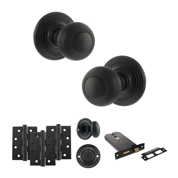Old English Ripon Door Knob Pack (Lock Set - Horizontal Bathlock, 4" Fire Rated Hinges x3) by Atlantic Hardware