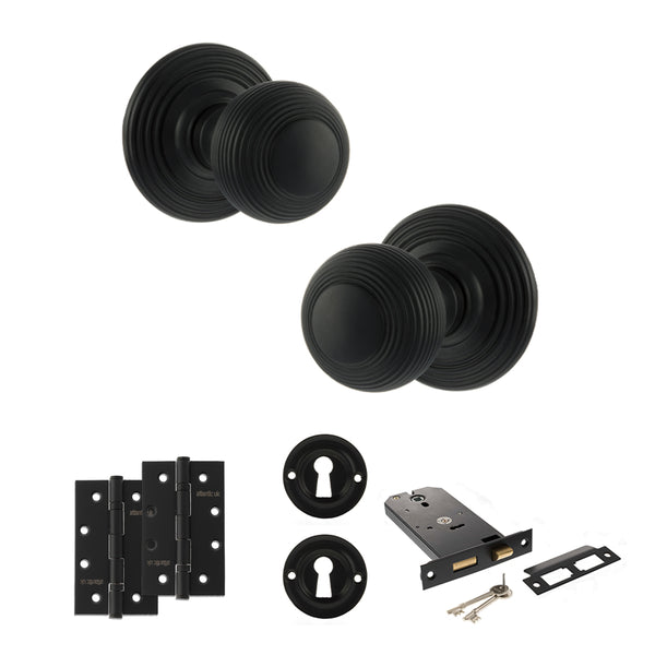 Old English Ripon Door Knob Pack (Lock Set - Horizontal Sashlock, 4" Slim Knuckle Hinges x2) by Atlantic Hardware