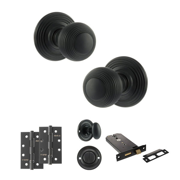 Old English Ripon Door Knob Pack (Lock Set - Horizontal Bathlock, 4" Slim Knuckle Hinges x2) by Atlantic Hardware