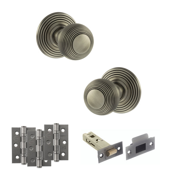 Old English Ripon Door Knob Pack (Latch Set - 4" HD Latch, 3" Fire Rated Hinges x3) by Atlantic Hardware