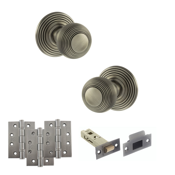 Old English Ripon Door Knob Pack (Latch Set - 4" HD Latch, 4" Fire Rated Hinges x3) by Atlantic Hardware