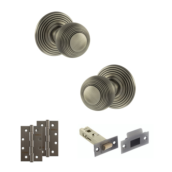 Old English Ripon Door Knob Pack (Latch Set - 4" HD Latch, 4" Slim Knuckle Hinges x2) by Atlantic Hardware