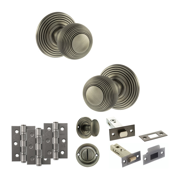 Old English Ripon Door Knob Pack (Bathroom Set - 4" Deadbolt, 3" Fire Rated Hinges x3) by Atlantic Hardware