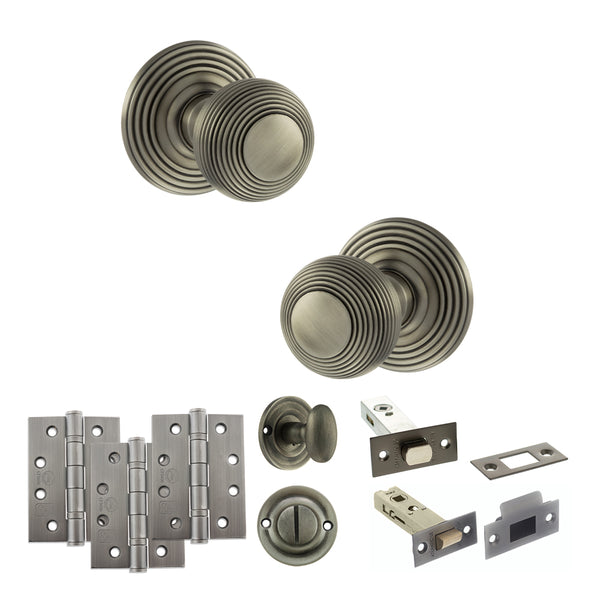 Old English Ripon Door Knob Pack (Bathroom Set - 4" Deadbolt, 4" Fire Rated Hinges x3) by Atlantic Hardware