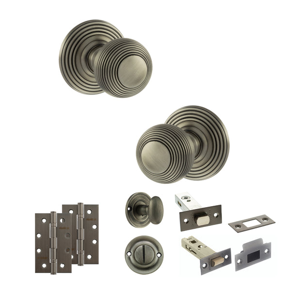 Old English Ripon Door Knob Pack (Bathroom Set - 4" Deadbolt, 4" Slim Knuckle Hinges x2) by Atlantic Hardware