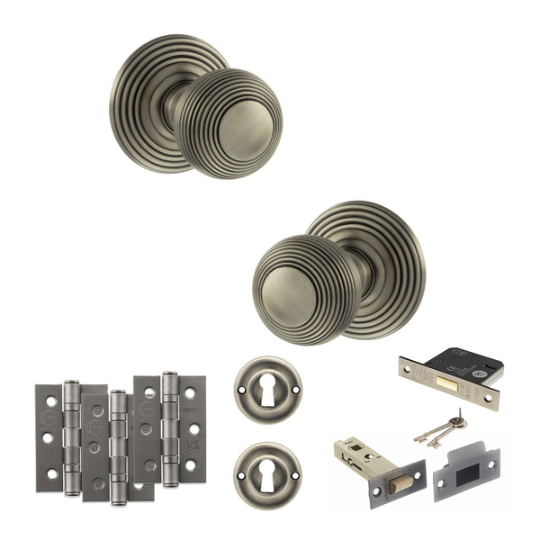 Old English Ripon Door Knob Pack (Lock Set - 3" Latch & Deadlock, 3" Fire Rated Hinges x3) by Atlantic Hardware