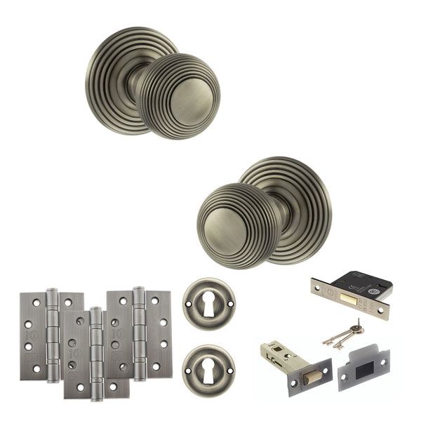Old English Ripon Door Knob Pack (Lock Set - 3" Latch & Deadlock, 4" Fire Rated Hinges x3) by Atlantic Hardware