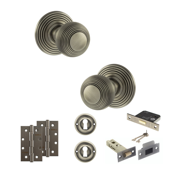 Old English Ripon Door Knob Pack (Lock Set - 3" Latch & Deadlock, 4" Slim Knuckle Hinges x2) by Atlantic Hardware