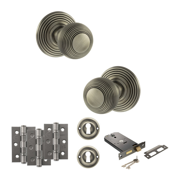 Old English Ripon Door Knob Pack (Lock Set - Horizontal Sashlock, 3" Fire Rated Hinges x3) by Atlantic Hardware
