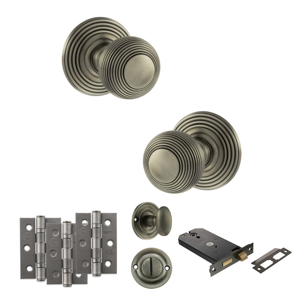 Old English Ripon Door Knob Pack (Lock Set - Horizontal Bathlock, 3" Fire Rated Hinges x3) by Atlantic Hardware