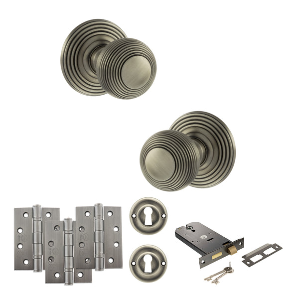 Old English Ripon Door Knob Pack (Lock Set - Horizontal Sashlock, 4" Fire Rated Hinges x3) by Atlantic Hardware