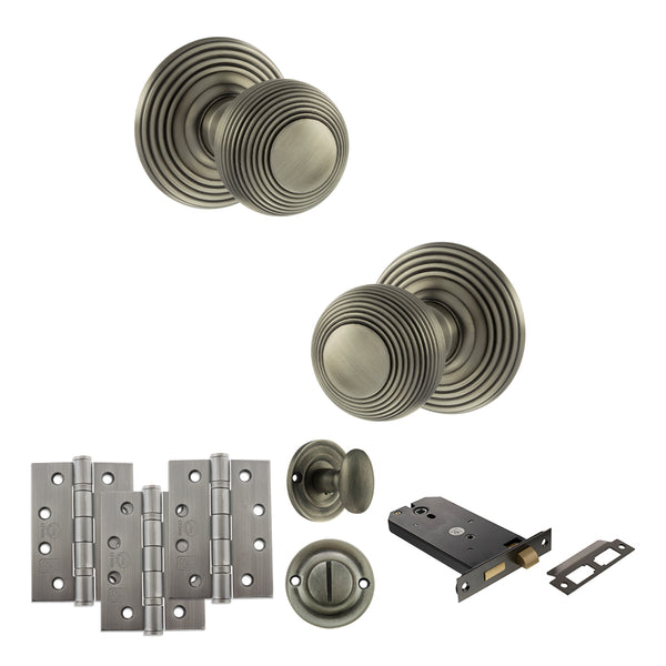 Old English Ripon Door Knob Pack (Lock Set - Horizontal Bathlock, 4" Fire Rated Hinges x3) by Atlantic Hardware