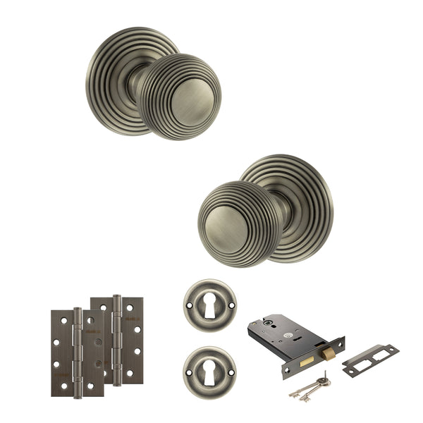 Old English Ripon Door Knob Pack (Lock Set - Horizontal Sashlock, 4" Slim Knuckle Hinges x2) by Atlantic Hardware