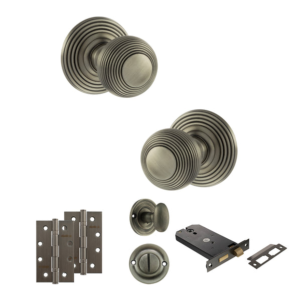 Old English Ripon Door Knob Pack (Lock Set - Horizontal Bathlock, 4" Slim Knuckle Hinges x2) by Atlantic Hardware