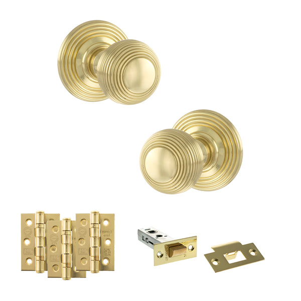 Old English Ripon Door Knob Pack (Latch Set - 4" HD Latch, 3" Fire Rated Hinges x3) by Atlantic Hardware