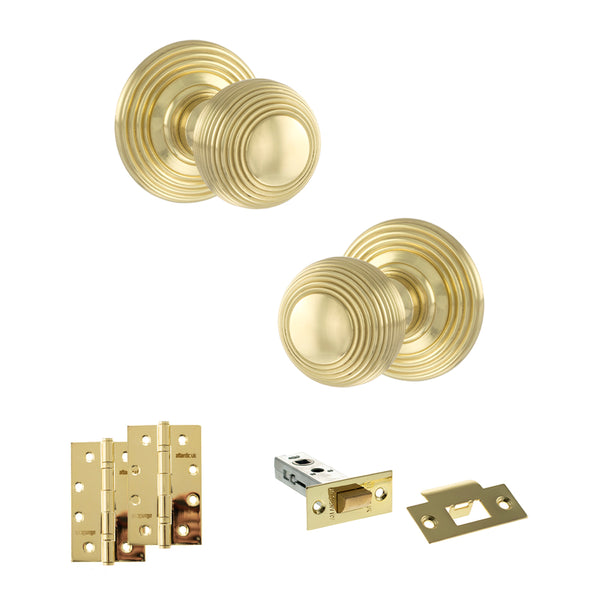 Old English Ripon Door Knob Pack (Latch Set - 4" HD Latch, 4" Slim Knuckle Hinges x2) by Atlantic Hardware