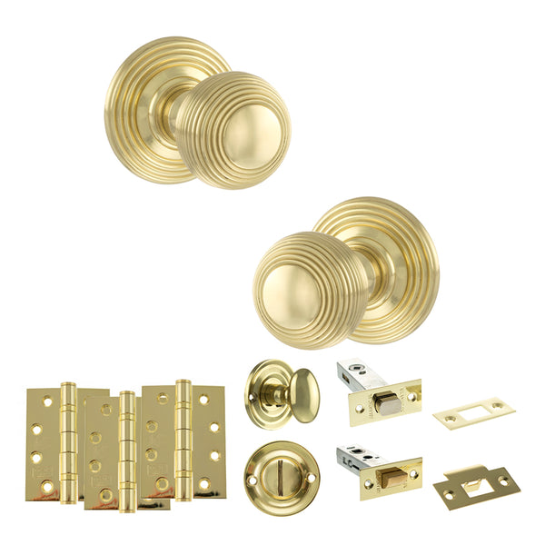 Old English Ripon Door Knob Pack (Bathroom Set - 3" Deadbolt, 4" Fire Rated Hinges x3) by Atlantic Hardware