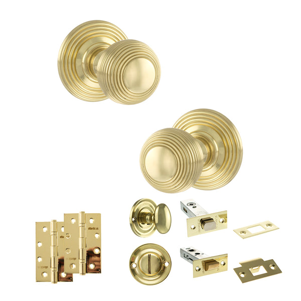 Old English Ripon Door Knob Pack (Bathroom Set - 3" Deadbolt, 4" Slim Knuckle Hinges x2) by Atlantic Hardware