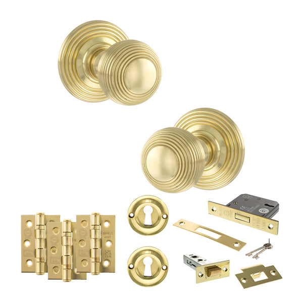 Old English Ripon Door Knob Pack (Lock Set - 3" Latch & Deadlock, 3" Fire Rated Hinges x3) by Atlantic Hardware