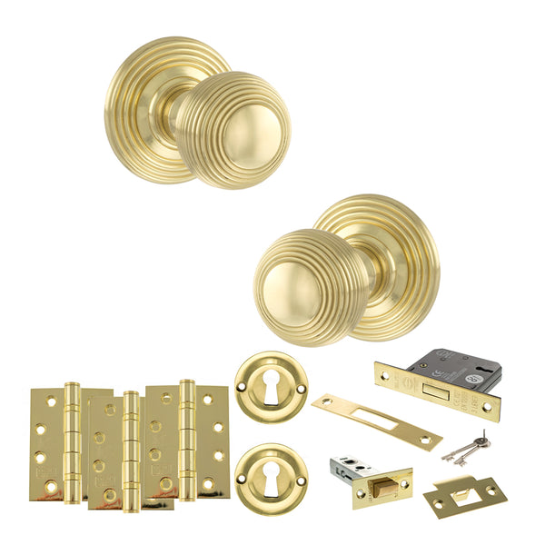 Old English Ripon Door Knob Pack (Lock Set - 3" Latch & Deadlock, 4" Fire Rated Hinges x3) by Atlantic Hardware