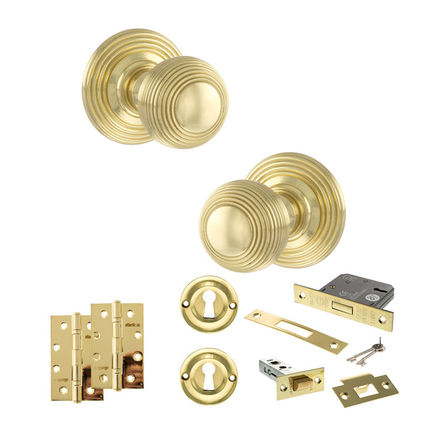 Old English Ripon Door Knob Pack (Lock Set - 3" Latch & Deadlock, 4" Slim Knuckle Hinges x2) by Atlantic Hardware