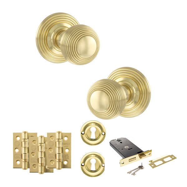 Old English Ripon Door Knob Pack (Lock Set - Horizontal Sashlock, 3" Fire Rated Hinges x3) by Atlantic Hardware