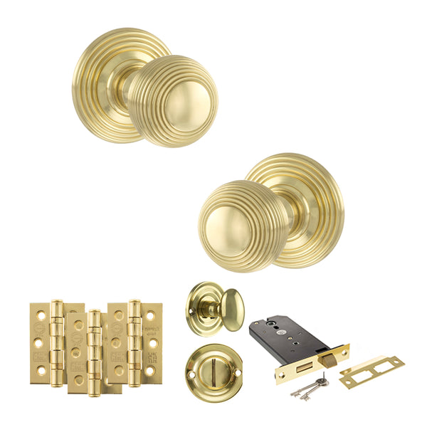 Old English Ripon Door Knob Pack (Lock Set - Horizontal Bathlock, 3" Fire Rated Hinges x3) by Atlantic Hardware