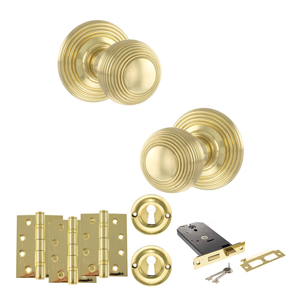 Old English Ripon Door Knob Pack (Lock Set - Horizontal Sashlock, 4" Fire Rated Hinges x3) by Atlantic Hardware