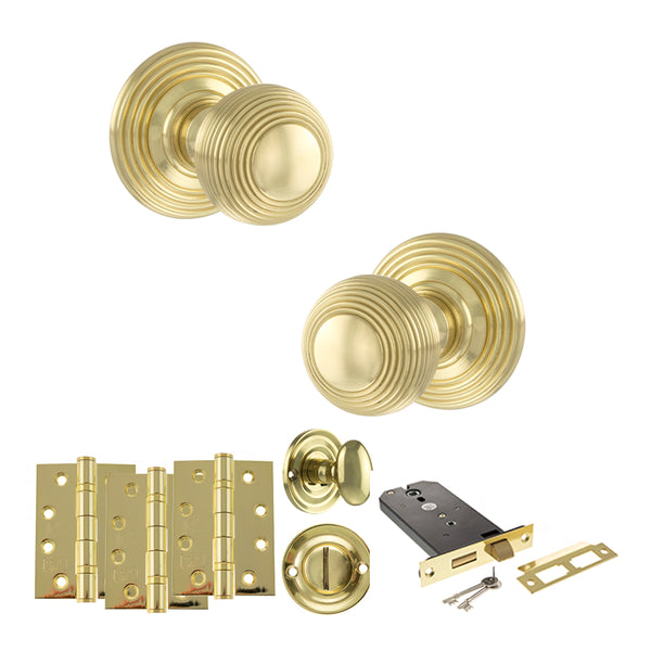 Old English Ripon Door Knob Pack (Lock Set - Horizontal Bathlock, 4" Fire Rated Hinges x3) by Atlantic Hardware