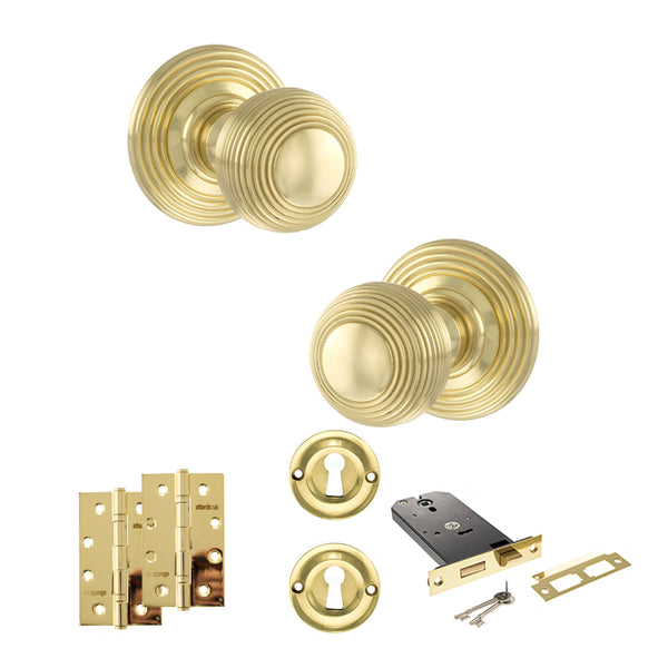Old English Ripon Door Knob Pack (Lock Set - Horizontal Sashlock, 4" Slim Knuckle Hinges x2) by Atlantic Hardware