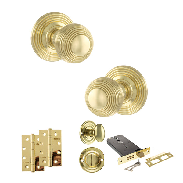 Old English Ripon Door Knob Pack (Lock Set - Horizontal Bathlock, 4" Slim Knuckle Hinges x2) by Atlantic Hardware