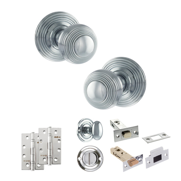 Old English Ripon Door Knob Pack (Bathroom Set - 4" Deadbolt, 4" Slim Knuckle Hinges x2) by Atlantic Hardware